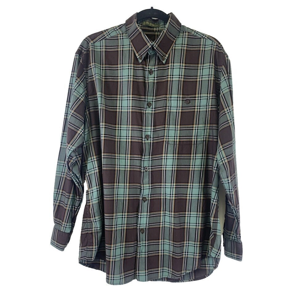 Orvis Cotton Button Down Collared Shirt Brown Green Plaid Lightweight Mens Large